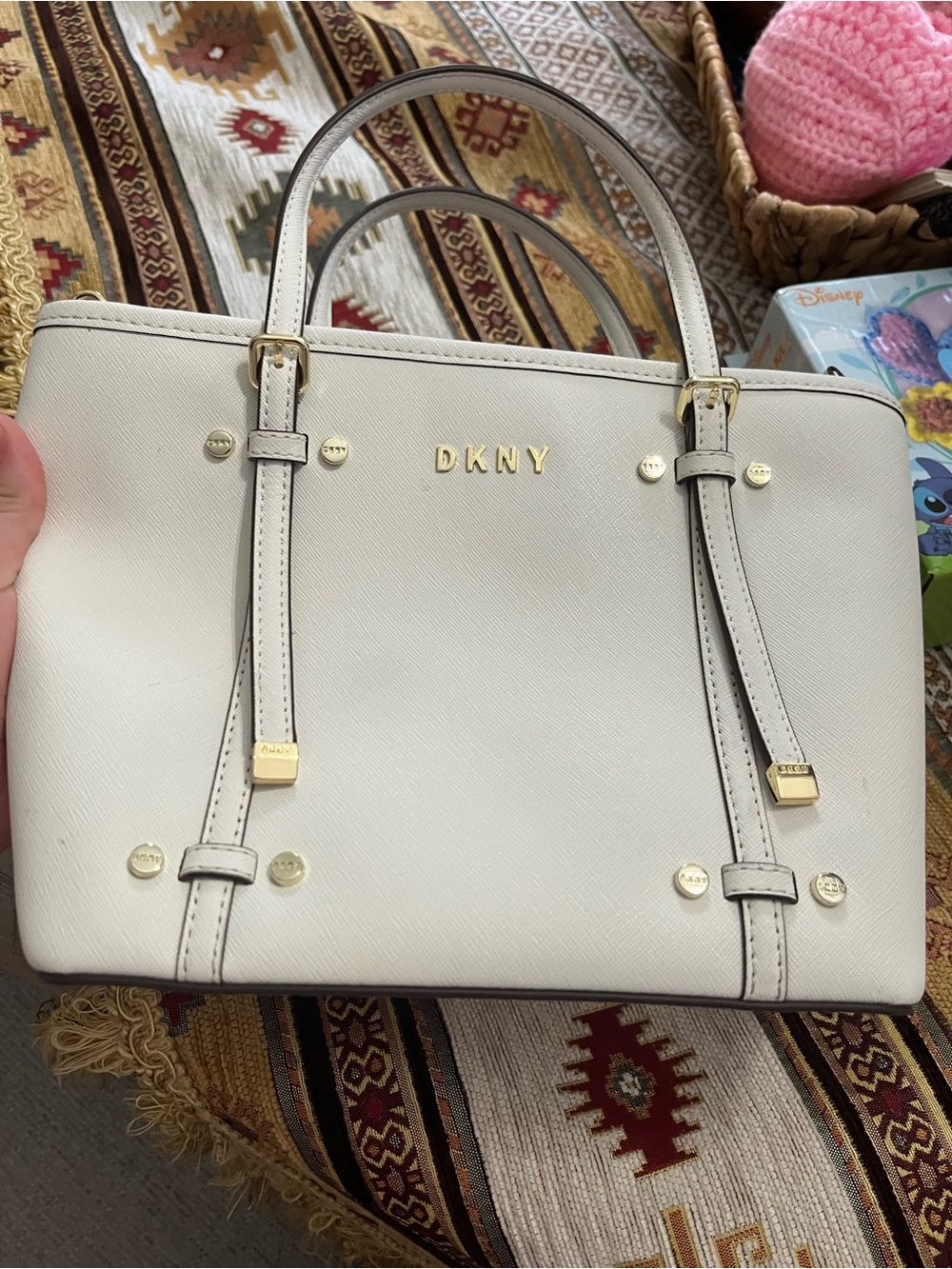 DKNY Ivory Saffiano Leather Satchel with Gold Hardware